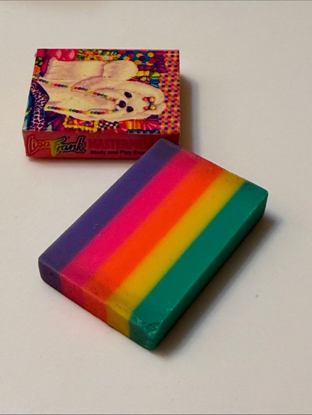 Vintage Lisa Frank Masterpieces Eraser White Puppy Dog Rainbow Neon